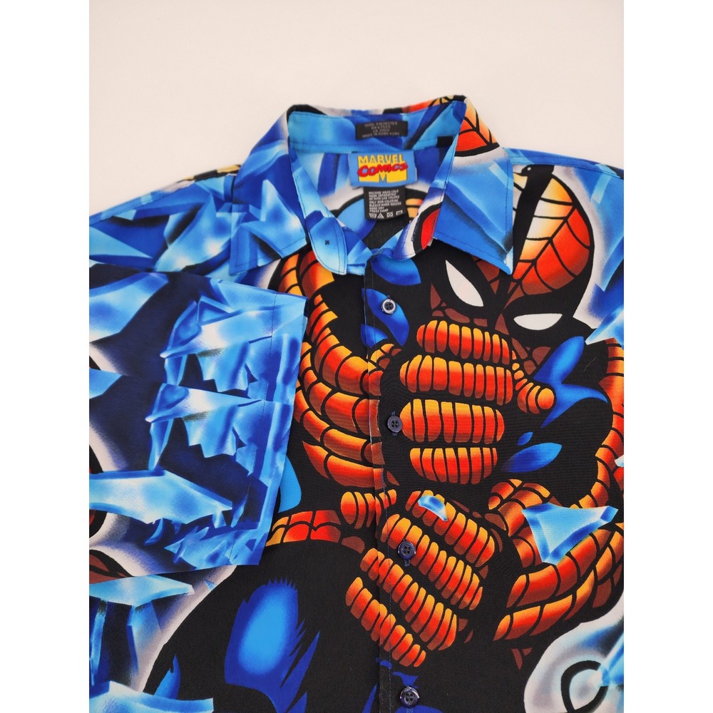 Vintage Marvel Comics Spider-Man Graphic Button Up Shirt Blue Ice 2001 Mens M